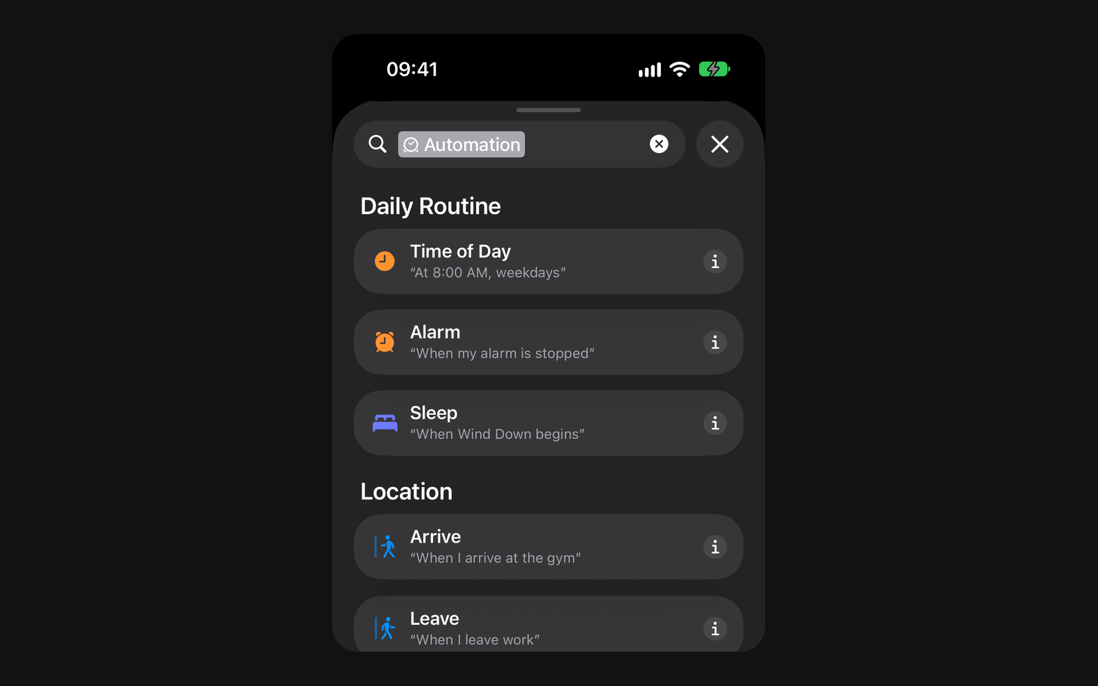 The Automation category in the Shortcuts action list with Time of Day, Alarm, Sleep, Arrive and Leave