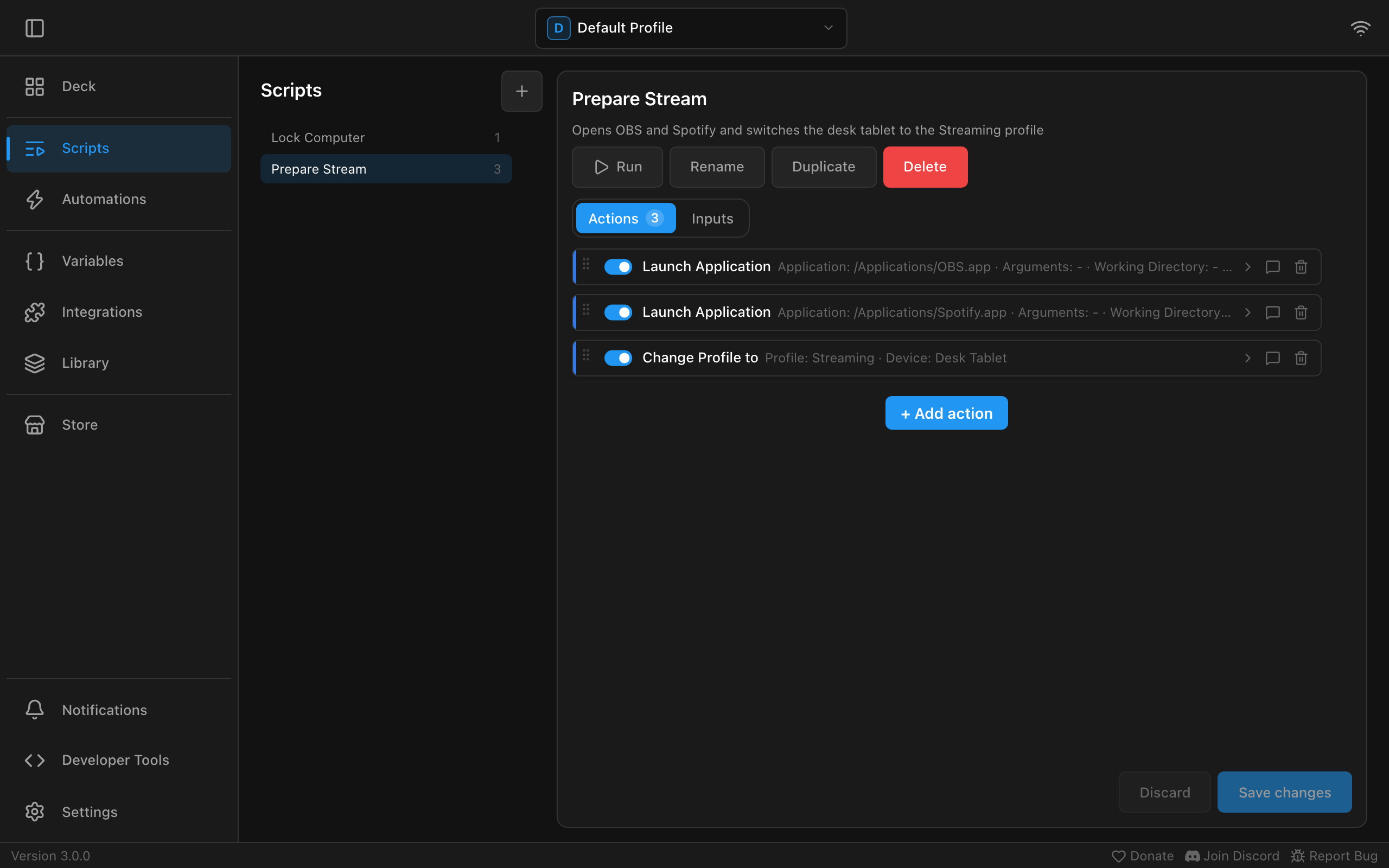 The Prepare Stream script in Macro Deck with two Launch Application actions for OBS and Spotify and Change Profile to Streaming on the Desk Tablet