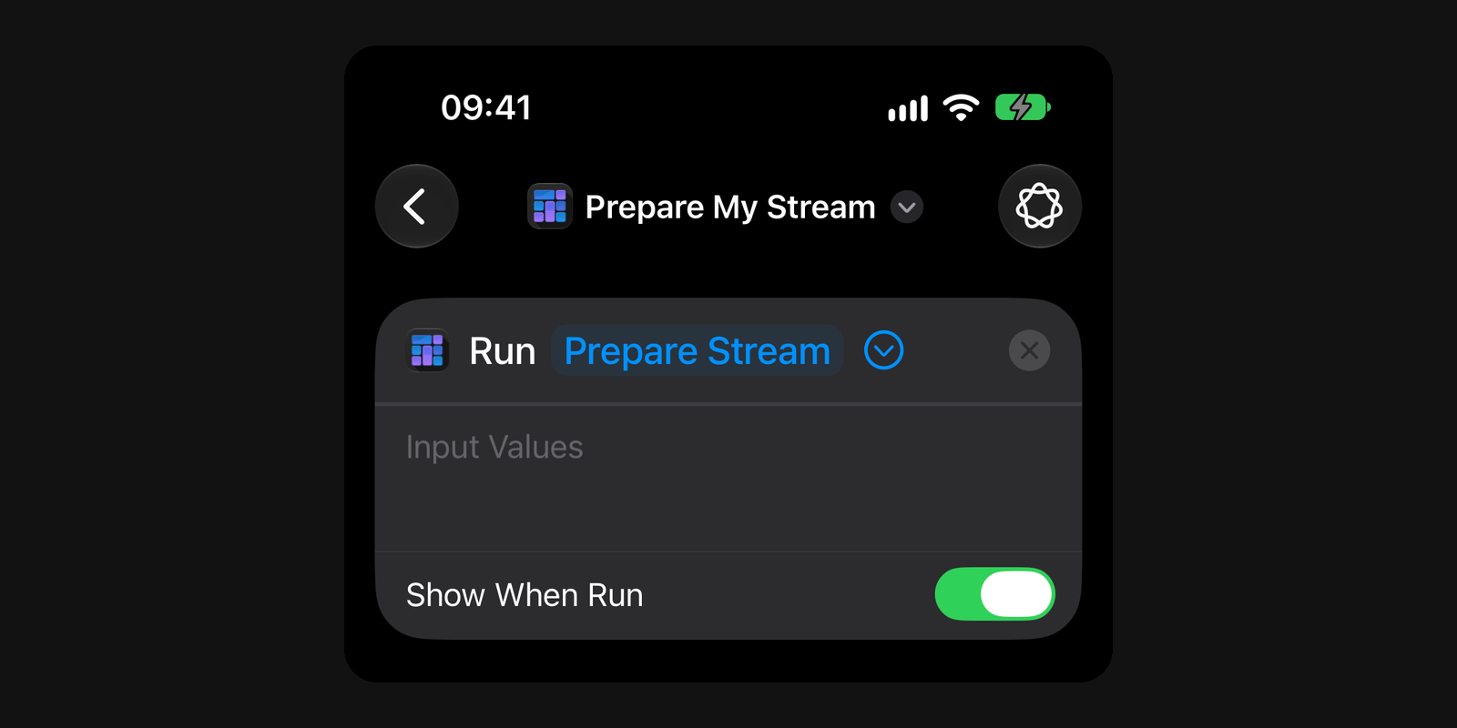 A shortcut called Prepare My Stream with the action Run Prepare Stream and its Input Values field