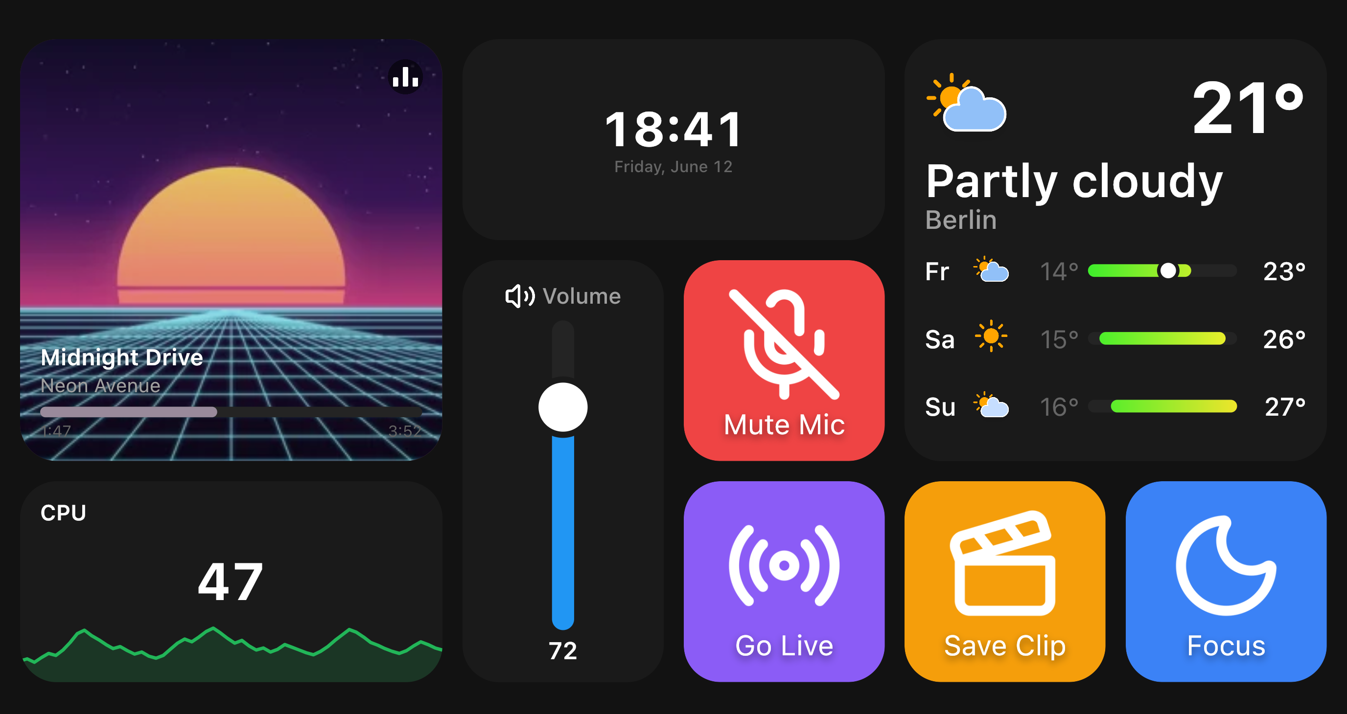 The same streaming deck in the Companion app on an iPad: music player, clock, weather, a vertical volume slider, a CPU graph and four colored Action Buttons
