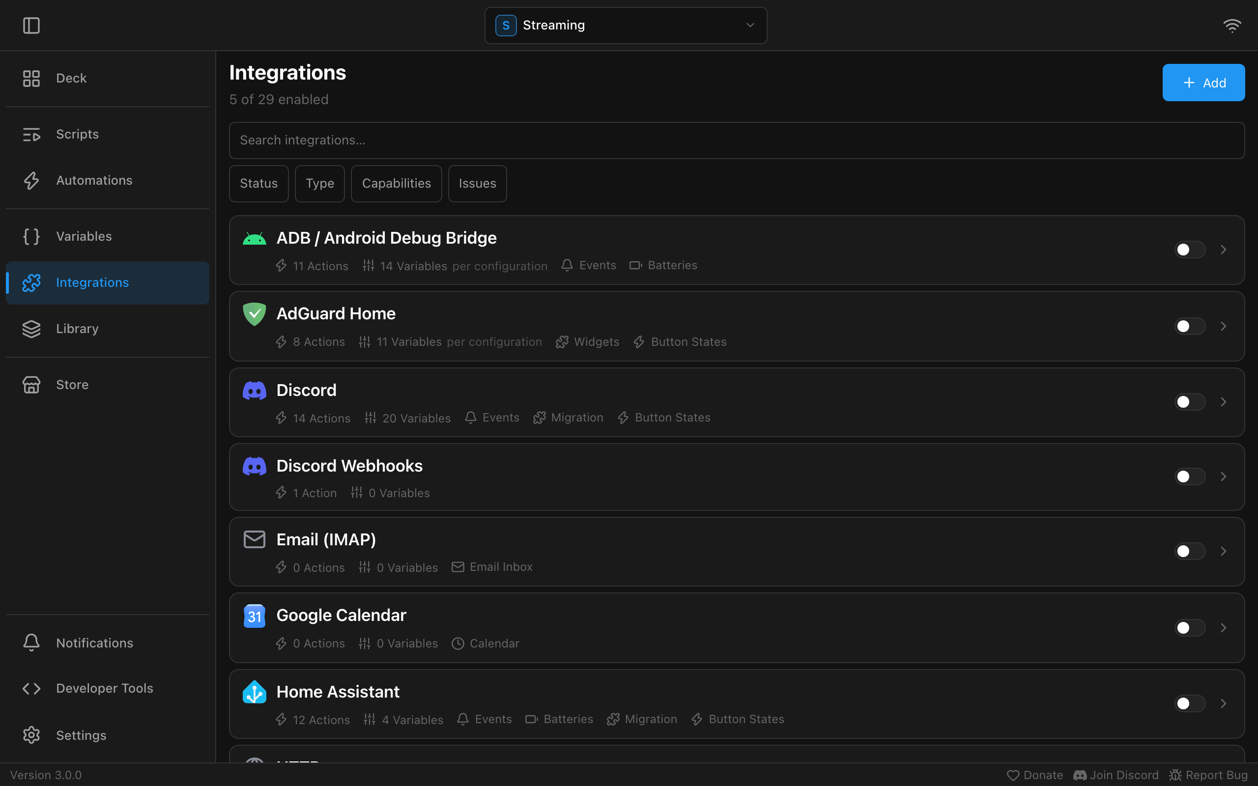 The Integrations page in Macro Deck: a searchable list with toggles, showing ADB, AdGuard Home, Discord, Email and Home Assistant with their actions and variables