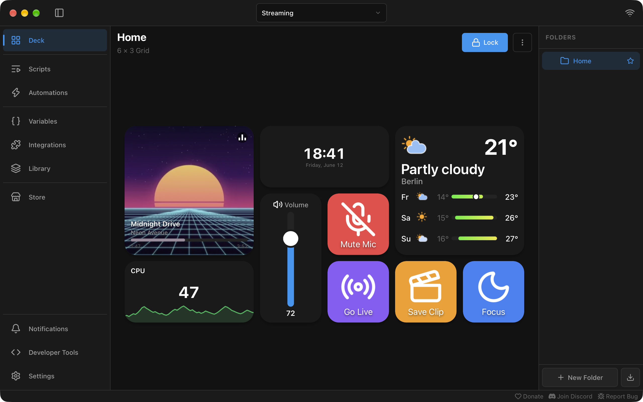 The Macro Deck 3 desktop application with the Streaming profile open: a sidebar on the left and a deck with a music player, clock, weather, volume slider, CPU graph and buttons