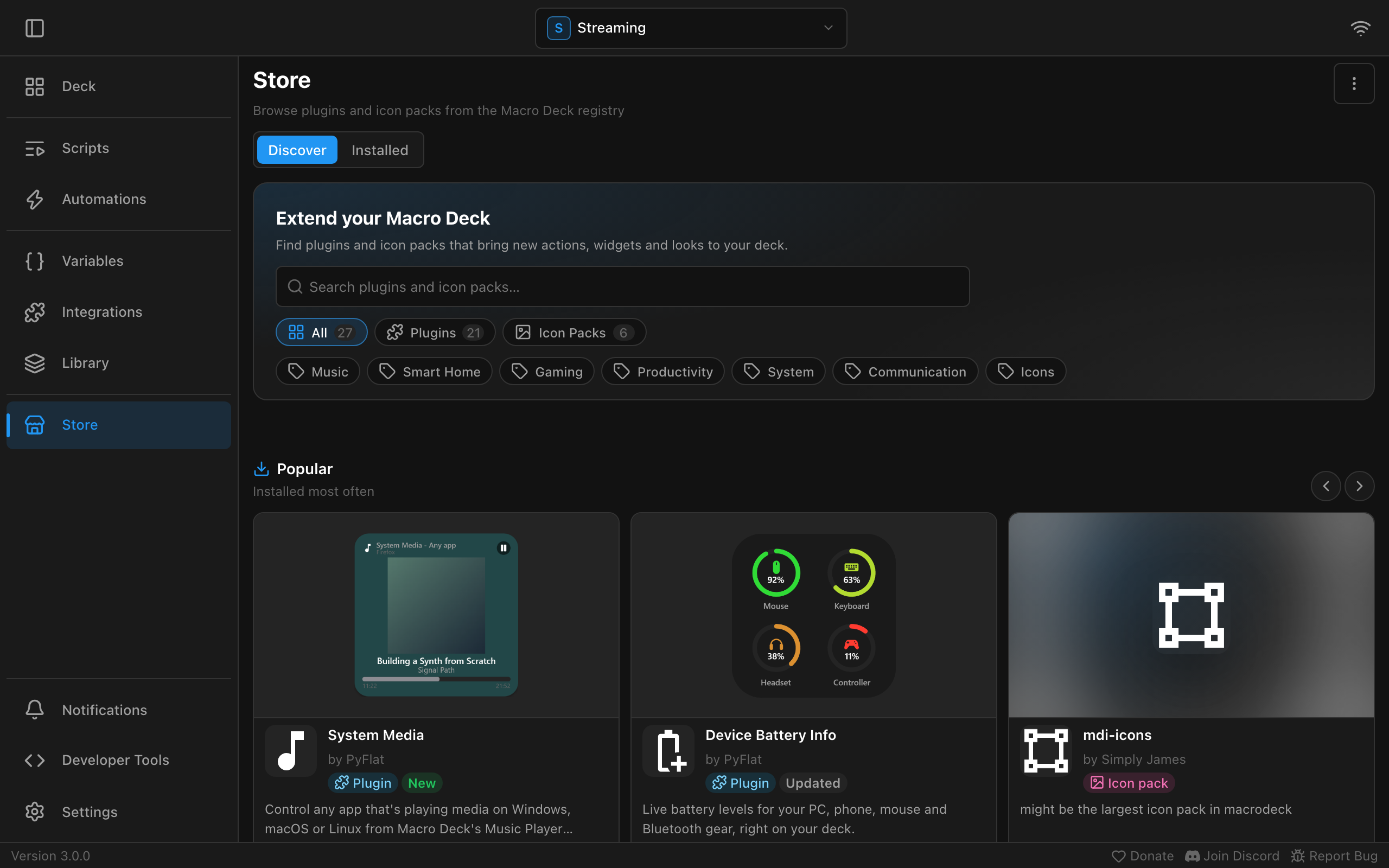 The Store in the desktop application: the Discover tab with search, categories and the most popular plugins and icon packs