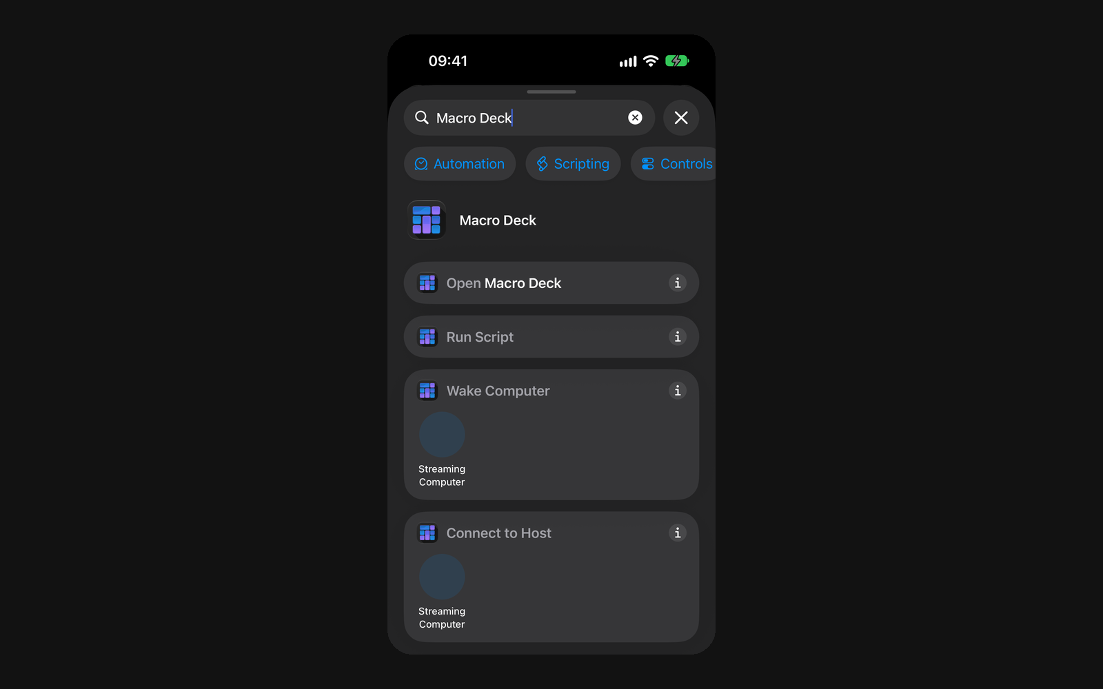The Shortcuts app searching for Macro Deck: the actions Open Macro Deck, Run Script, Wake Computer and Connect to Host